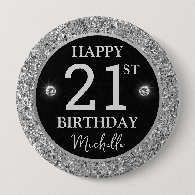 Elegant Silver Glitter Diamonds Birthday Button (Vorderseite)
