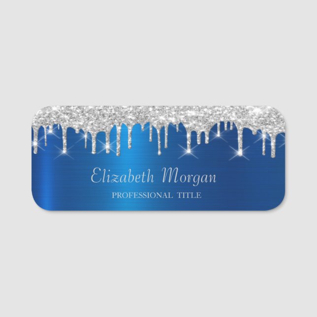 Elegant Silver Glitter Drips Blue Metallic Namensschild (Vorderseite)