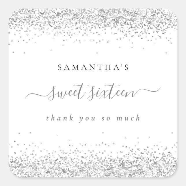 Elegant Silver Glitzer Name Sweet 16 Vielen Dank Quadratischer Aufkleber (Vorderseite)