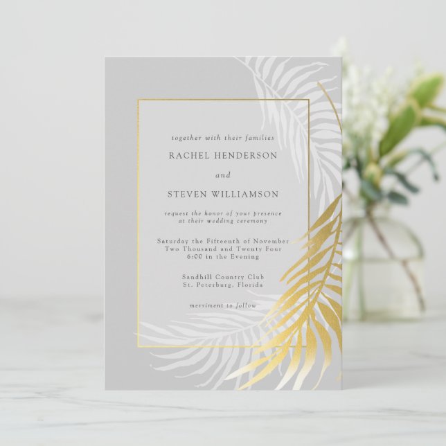 Elegant Silver Gold Hochzeit tropische Vegetation Einladung (Stehend Vorderseite)