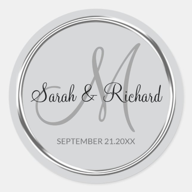 Elegant Silver Gray Monogrammed Wedding Favor  Runder Aufkleber (Vorderseite)