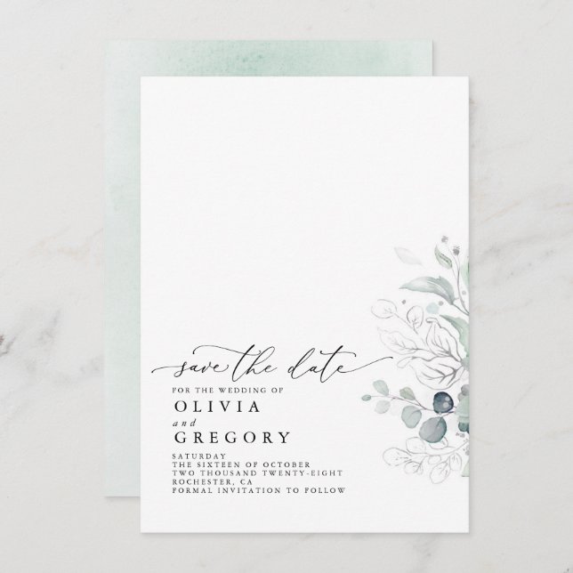 Elegant Silver Greenery Ankündigung Datum freihalt (Vorne/Hinten)