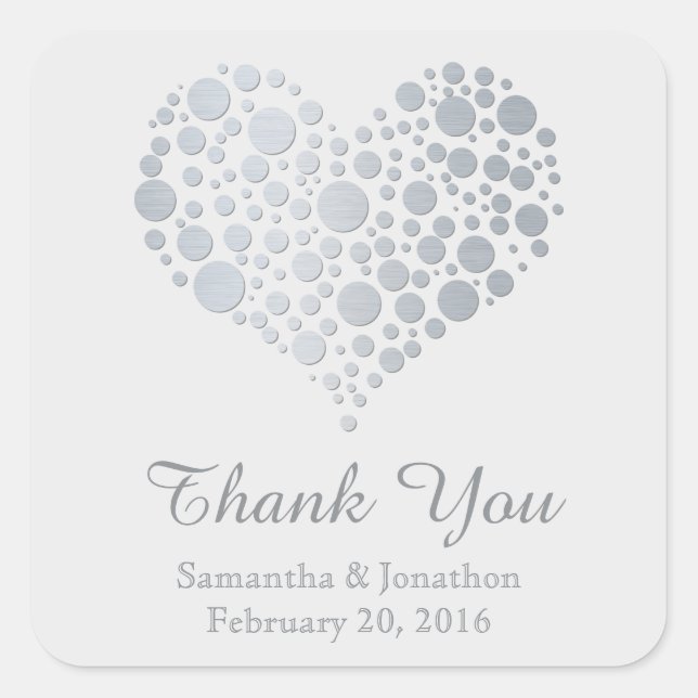 Elegant Silver Heart Light Gray Wedding Vielen Dan Quadratischer Aufkleber (Vorderseite)
