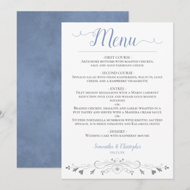Elegant Silver Hearts Filigree Dusty Blue Wedding Menükarte (Vorne/Hinten)