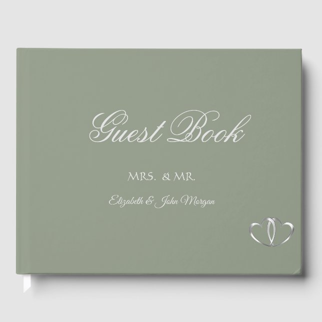 Elegant Silver Hearts Sage Green Gästebuch (Vorderseite)
