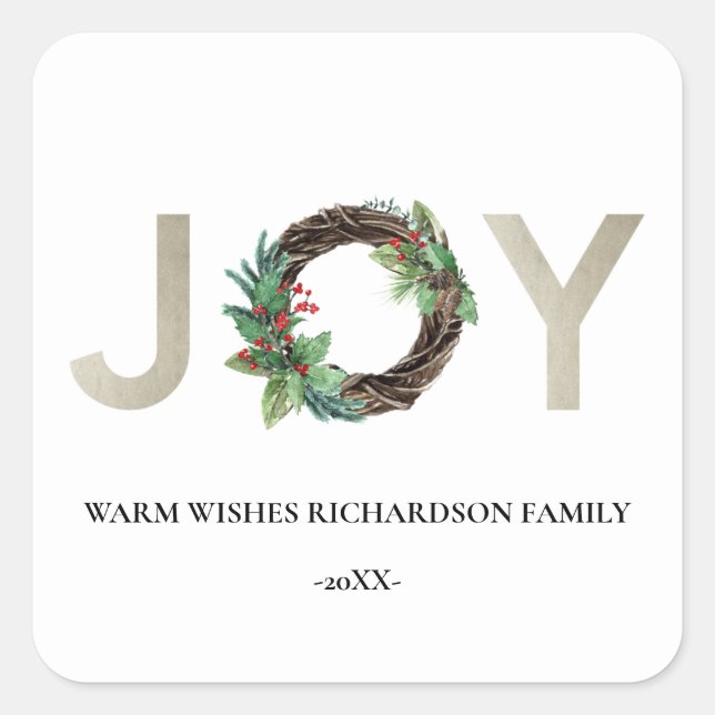 ELEGANT SILVER HOLLY BERRY JOY WREATH CHRISTMAS QUADRATISCHER AUFKLEBER (Vorderseite)