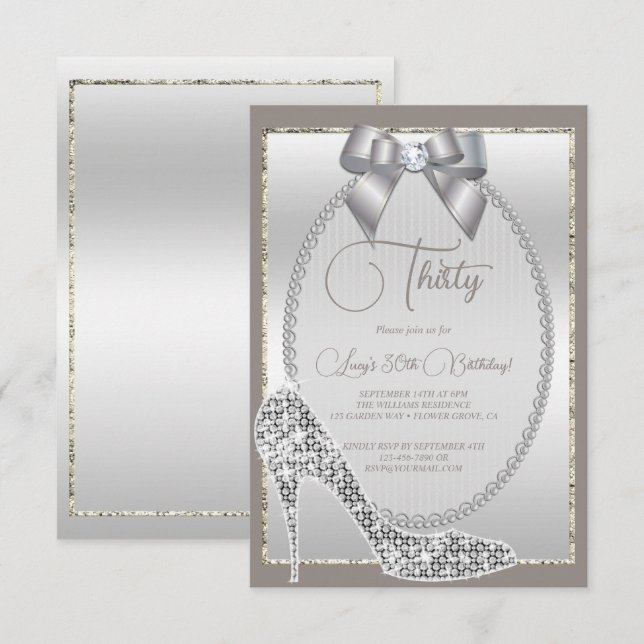 Elegant Silver Jewel Bow & Stiletto Geburtstag Einladung (Vorne/Hinten)