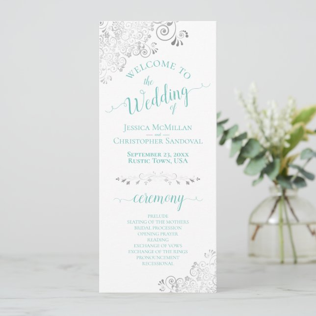 Elegant Silver Lace Aqua Aquamarin auf White Weddi Programm (Stehend Vorderseite)