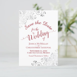 Elegant Silver Lace Filigree Red auf White Wedding Save The Date
