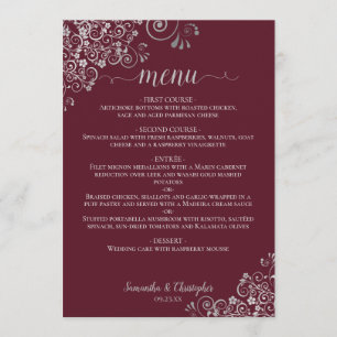 Elegant Silver Lace Frills on Burgundy Wedding Menükarte