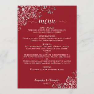 Elegant Silver Lace Frills on Crimson Red Wedding Menükarte