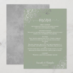 Elegant Silver Lace Frills Sage Green Wedding Menükarte