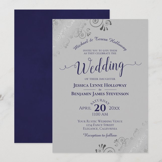 Elegant Silver Lace Navy Blue Formal Gray Wedding Einladung (Vorne/Hinten)