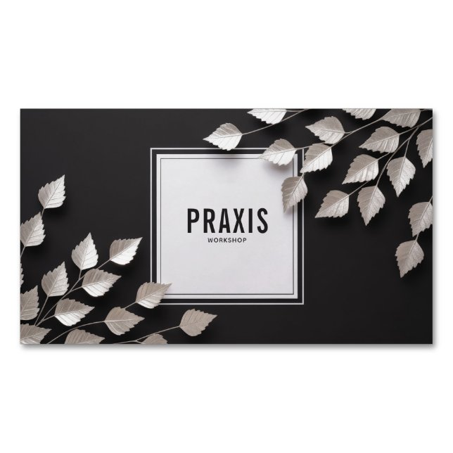 Elegant Silver Leaf Branch Minimalist Black Magnetische Visitenkarte (Vorderseite)