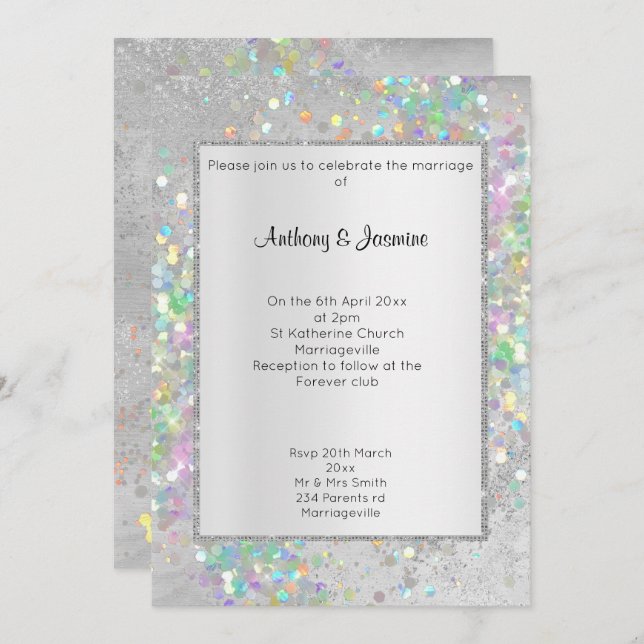 ELEGANT SILVER MARBLE HOLOGRAPHIC PASTEL WEDING EINLADUNG (Vorne/Hinten)