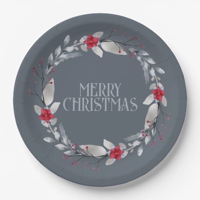 Elegant Silver Red Frohe Weihnachtsfeier Pappteller (Vorderseite)