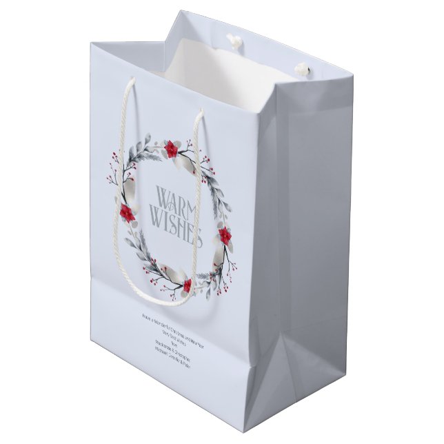 Elegant Silver Red Wreath Festival Mittlere Geschenktüte (Vorderseite Schrägansicht)