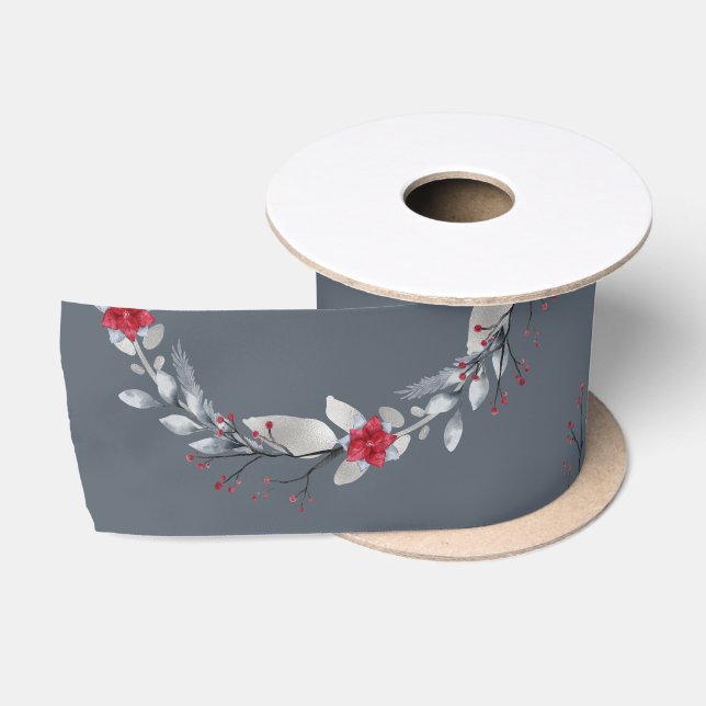 Elegant Silver Red Wreath Festival Satinband (Spule)
