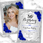 Elegant Silver Royal Blue Foto 50. Geburtstag Einladung<br><div class="desc">Elegante florale feminine 50. Geburtstagseinladung mit Ihrem Foto auf der Kartenrückseite. Glam-Design mit Imitaten Glitzer Silber. Verfügt über silberne Streifen, königsblaue Rose, Skript-Schriftart und Konfetti. Ideal für ein stilvolles Party für Erwachsene. Personalisieren Sie Ihre persönlichen Daten. Kann für jedes Alter angepasst werden! Gedruckte Zazzle Einladungen oder Sofortdownload digitalen druckbaren Vorlage....</div>