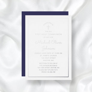 Elegant Silver Script Navy Blue First Communion Folieneinladung