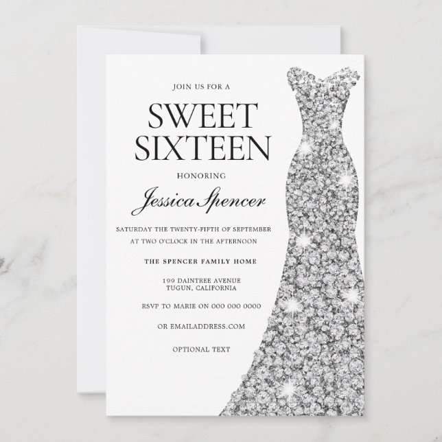 Elegant Silver Sparkle Dress Sweet 16 Einladung (Vorderseite)