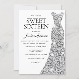 Elegant Silver Sparkle Dress Sweet 16 Einladung