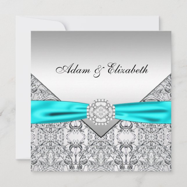 Elégant Silver Turquoise Blue Wedding Invitations (Devant)