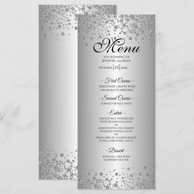 Elegant silver Wedding Menu (Devant / Derrière)