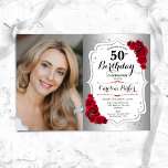 Elegant Silver White Rote Rosen Foto 50. Geburtsta Einladung<br><div class="desc">Elegante florale feminine 50. Geburtstagseinladung mit Ihrem Foto. Glam-Design mit Imitaten Silber. Enthält rote Rosen,  Skript-Schriftart und Konfetti. Ideal für ein stilvolles Party für Erwachsene. Personalisieren Sie Ihre persönlichen Daten. Kann für jedes Alter angepasst werden! Gedruckte Zazzle Einladungen oder Sofortdownload digitalen druckbaren Vorlage.</div>