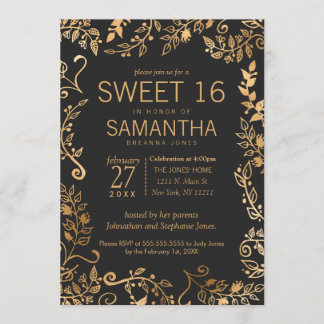 Elegant Simple Black Gold Floral Sweet 16 Einladung