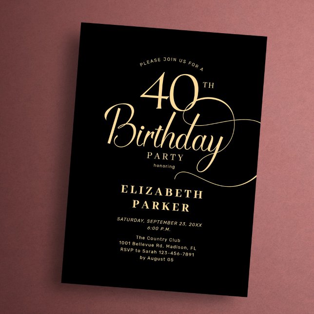 Elegant Simple Black Gold Script 40th Birthday Einladung (Von Creator hochgeladen)