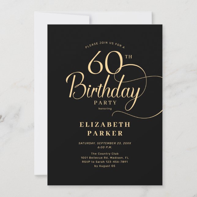 Elegant Simple Black Gold Script 60. Geburtstag Einladung (Vorderseite)