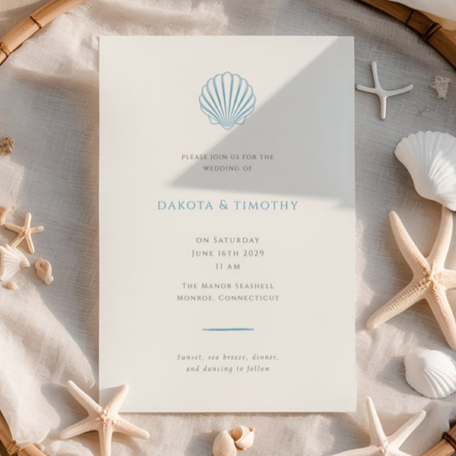 Elegant Simple Blue Seashell Wedding invitation (Créateur téléchargé)