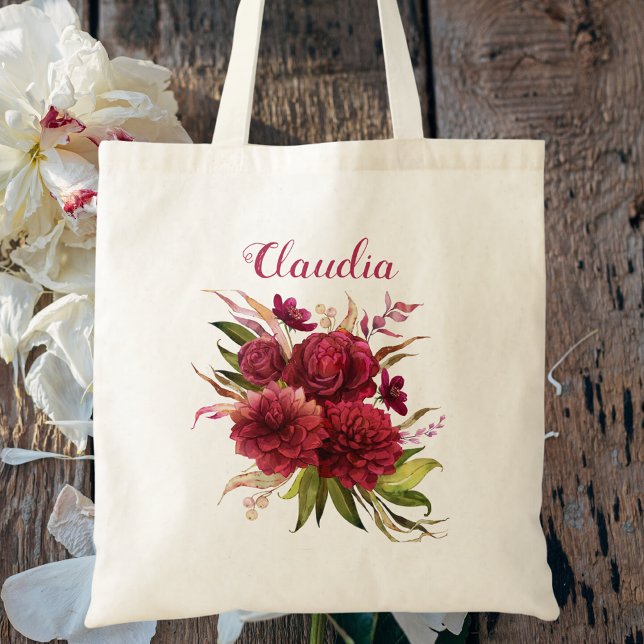 Elegant Simple Burgundy Floral Monogram Bridesmaid Tragetasche (Von Creator hochgeladen)
