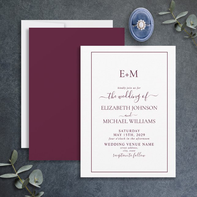 Elegant Simple Burgundy Formal Monogram Wedding Einladung (Von Creator hochgeladen)