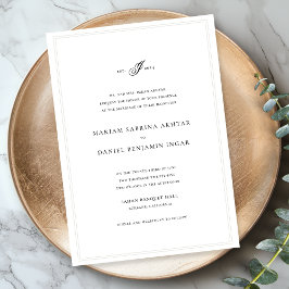 Elegant Simple Calligraphy Monogram White Wedding Einladung