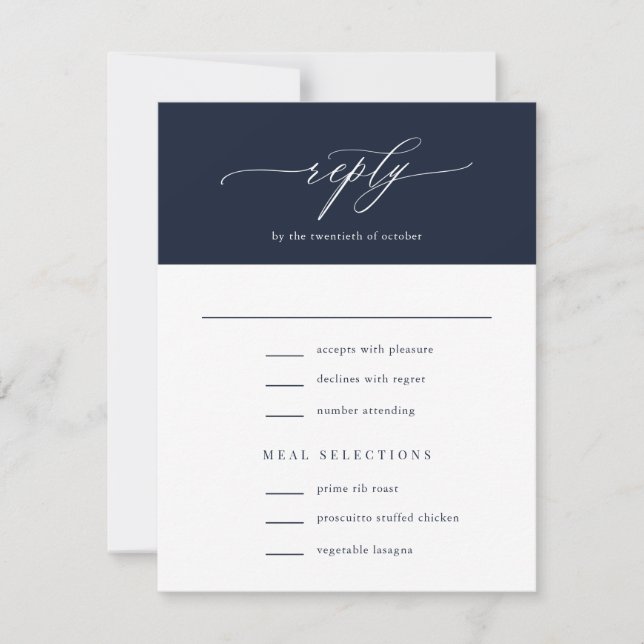 Elegant Simple Calligraphy Navy Blue Wedding RSVP Karte (Vorderseite)