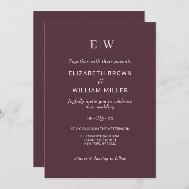 Elegant Simple Cherry Lacquer, Monogram Wedding Einladung (Vorne/Hinten)