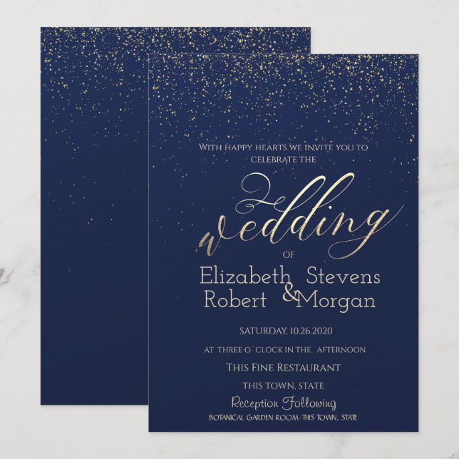 Elegant Simple Confetti Navy Blue Wedding Einladung (Vorne/Hinten)