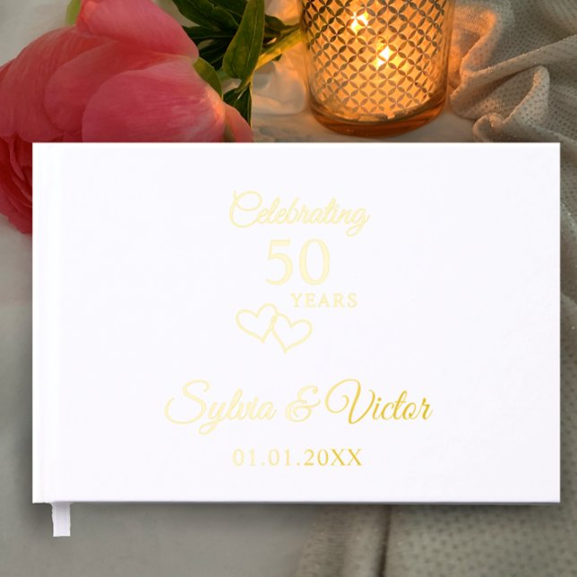 Elegant Simple Custom 50-jähriges Party Gold Gästebuch (Add couple’s names for gold foil simple elegant custom guest book for 50th wedding anniversary party)