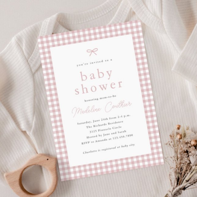 Elegant Simple Dusty Pink Girls Baby Shower (Gingham check dusty pink girls budget baby shower invitation.)