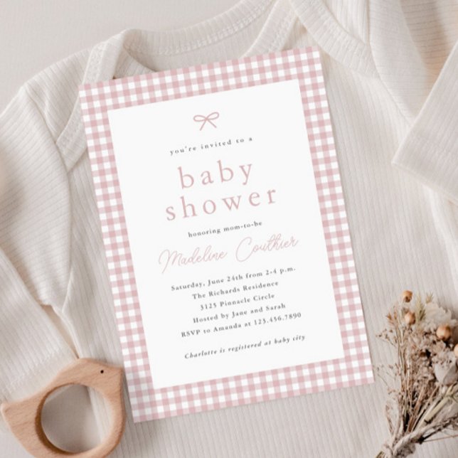 Elegant Simple Dusty Pink Girls Baby Shower Einladung (Gingham check dusty pink girls baby shower invitation.)