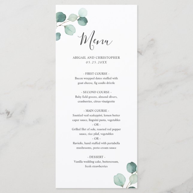 Elégant Simple Eucalyptus Menu Mariage (Devant)