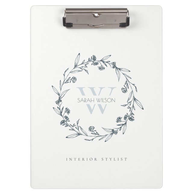 Elegant Simple Floral Laurel Wreath Monogram Klemmbrett (Vorderseite)