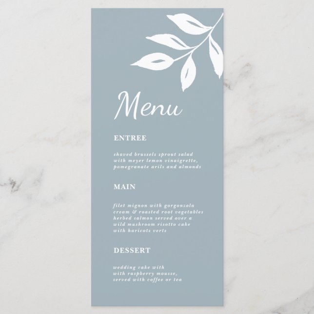 Elegant simple Foliage Formal Dusty Blue Hochzeit Menükarte (Vorderseite)