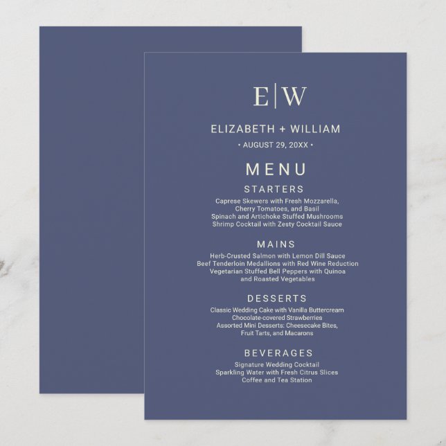 Elegant Simple Future Dusk mit Monogram Wedding Menükarte (Vorne/Hinten)