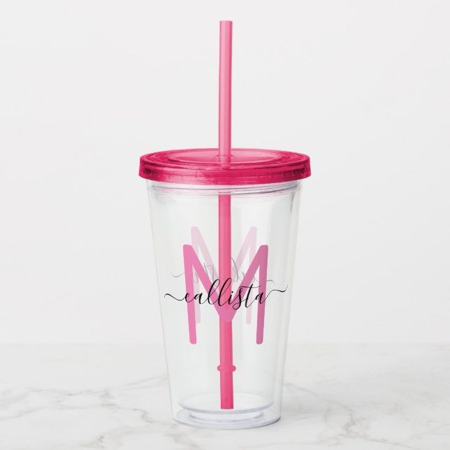 Elegant Simple Girly Pink Black Monogram Acryltrinkbecher (Vorderseite)