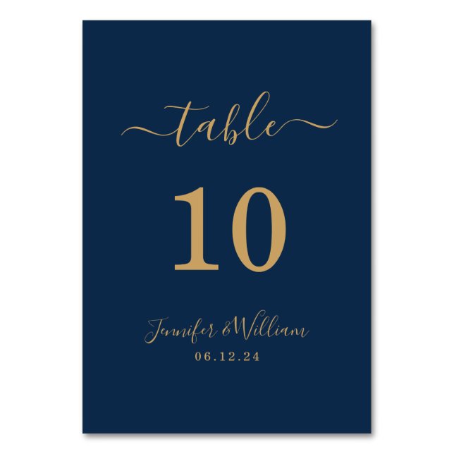 Elegant Simple Glam Script Wedding Gold Navy Tischnummer (Vorderseite)