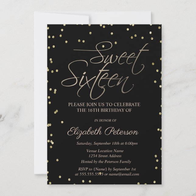 Elegant Simple Gold Diamonds Black Sweet 16 Einladung (Vorderseite)