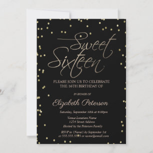 Elegant Simple Gold Diamonds Black Sweet 16 Einladung